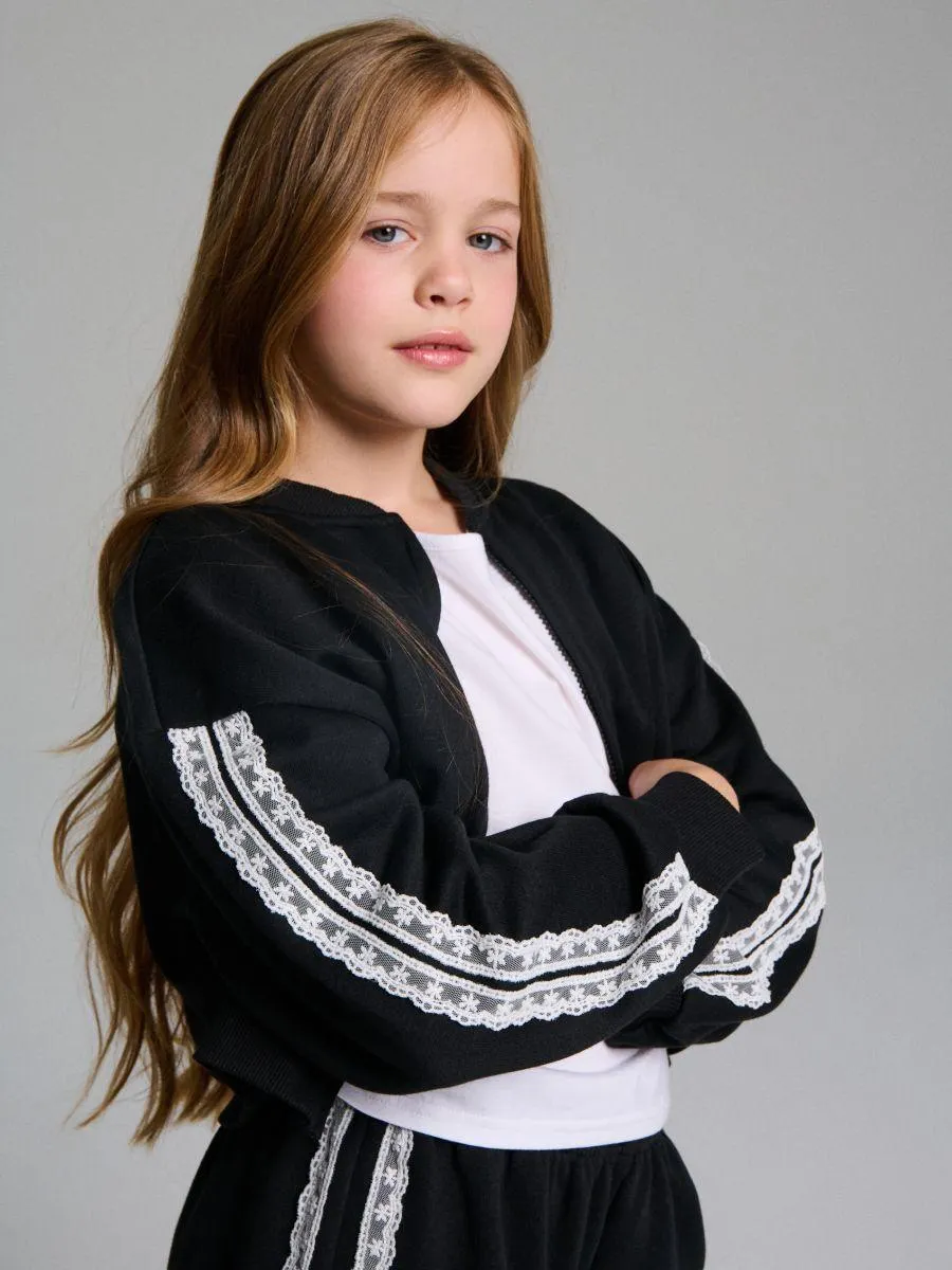 Bluză de trening cu fermoar lung și dungi laterale