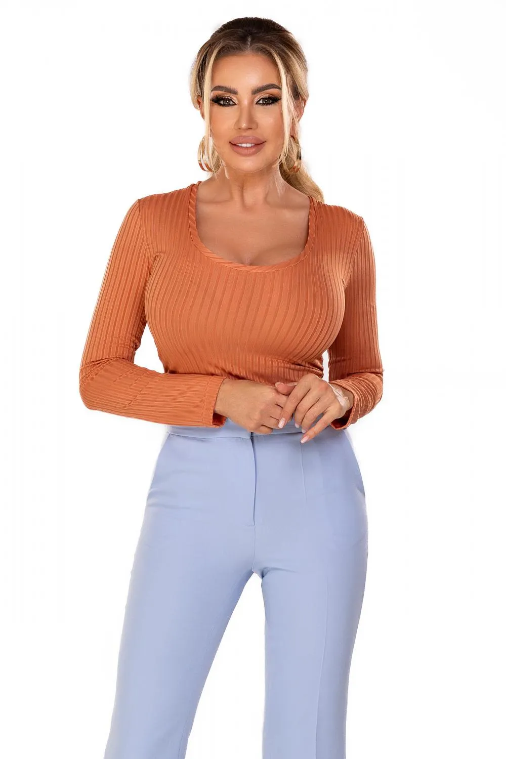 Bluza camel casual cu maneca lunga