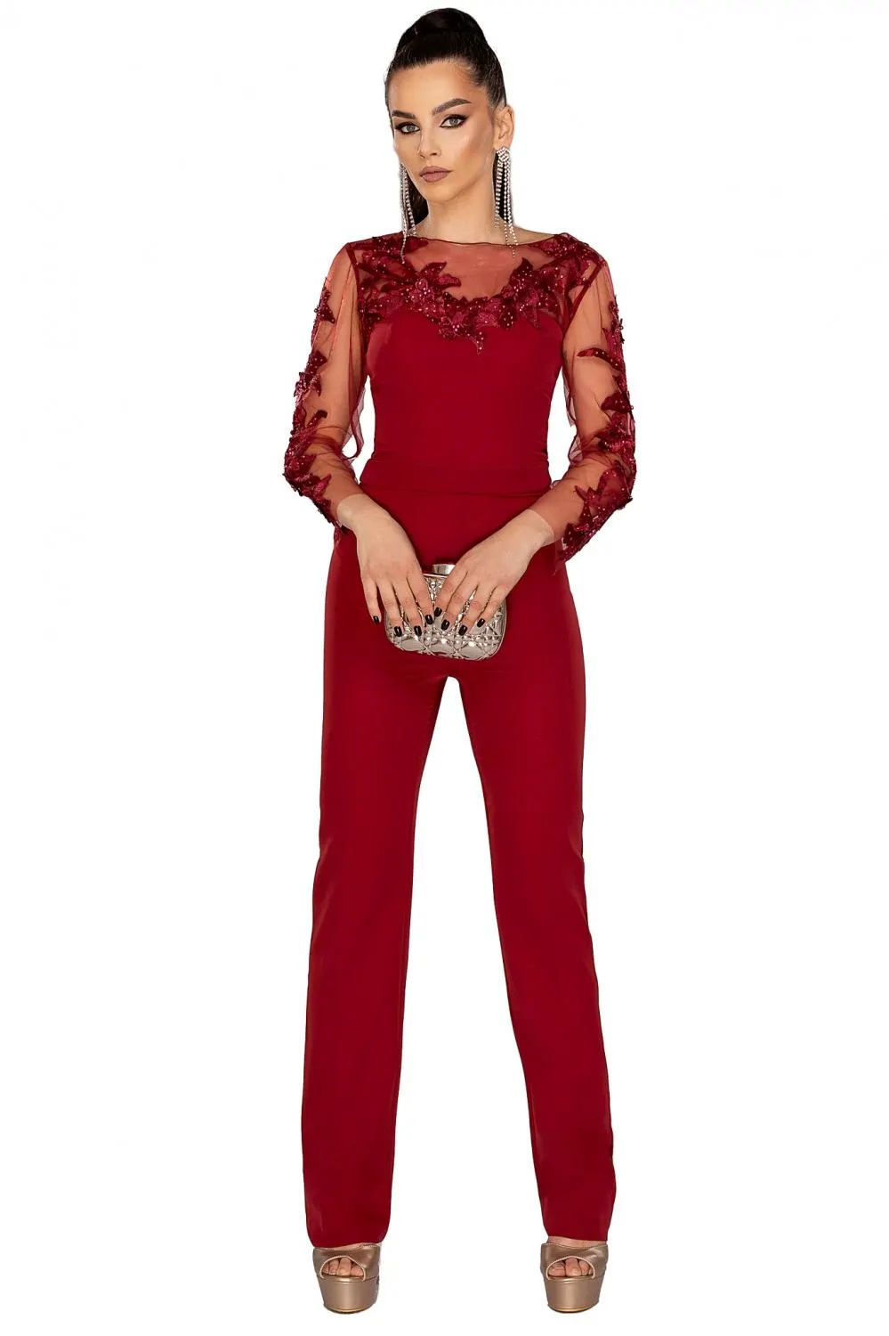 Salopeta eleganta bordo cu tull brodat