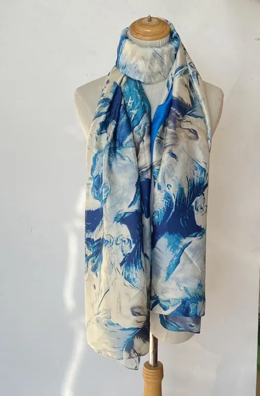 Esarfa dama bleu imprimata din vascoza si matase de primavara