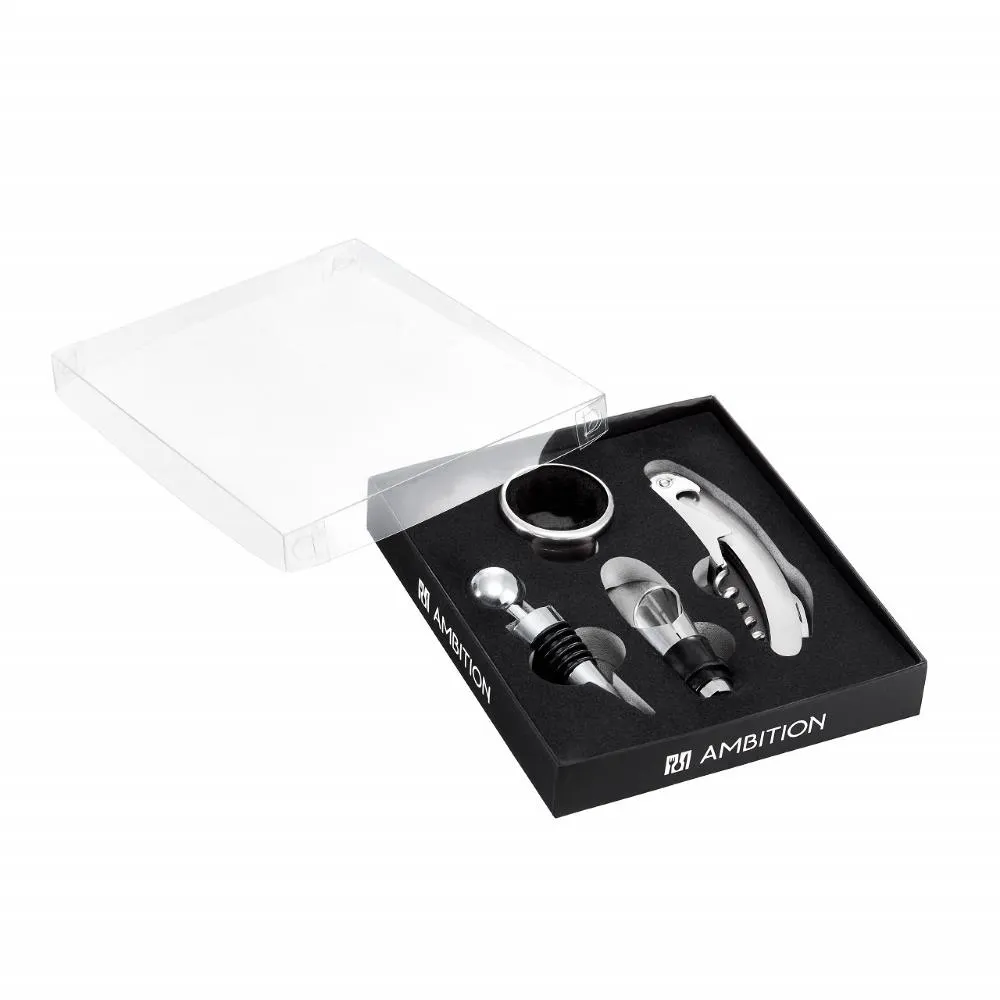 Set accesorii servire vin Ambition Bolero, 4 piese, cutie carton, Negru/Argintiu