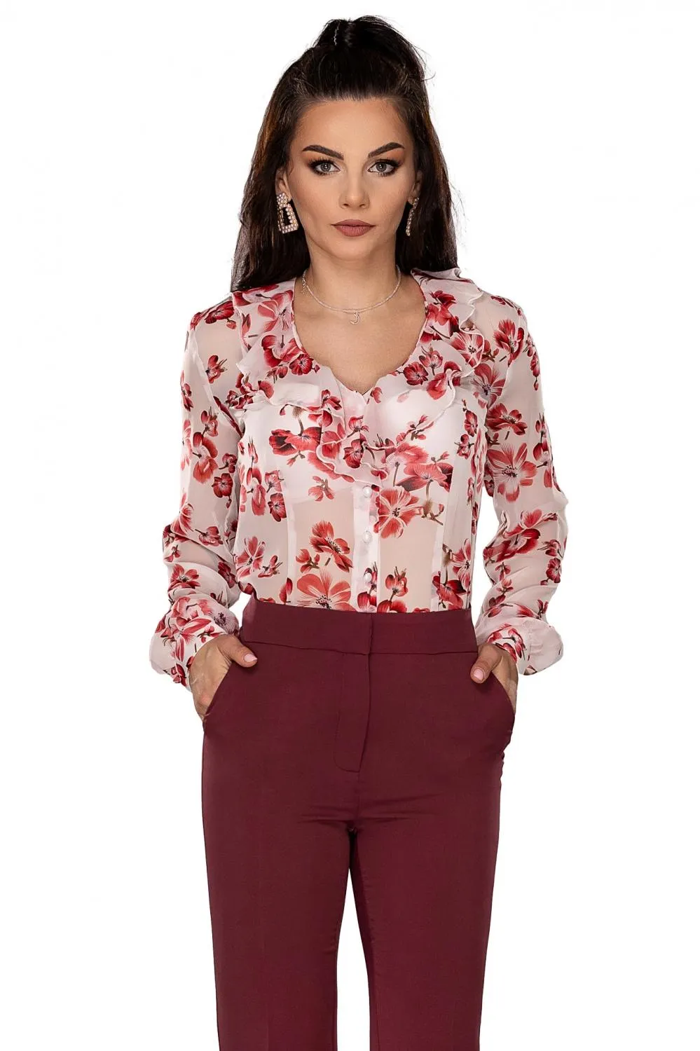 Camasa cu imprimeu floral si volane