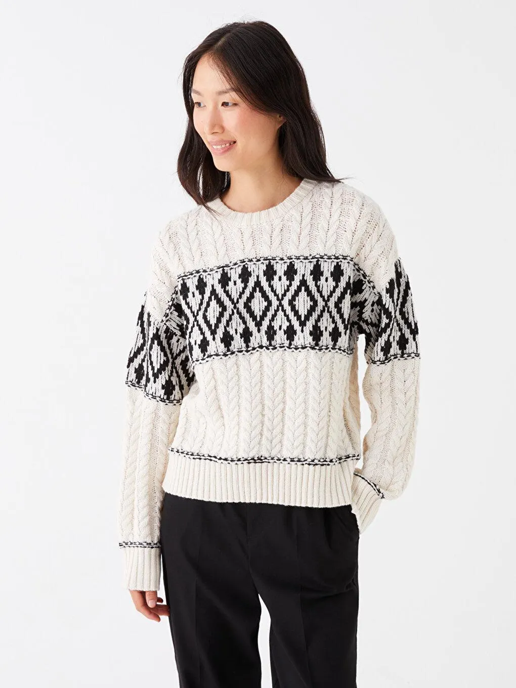 Pulover Tricotat Cu Decolteu Rotund Cu Model,Cu Mânecă Lungă ,Pentru Femei