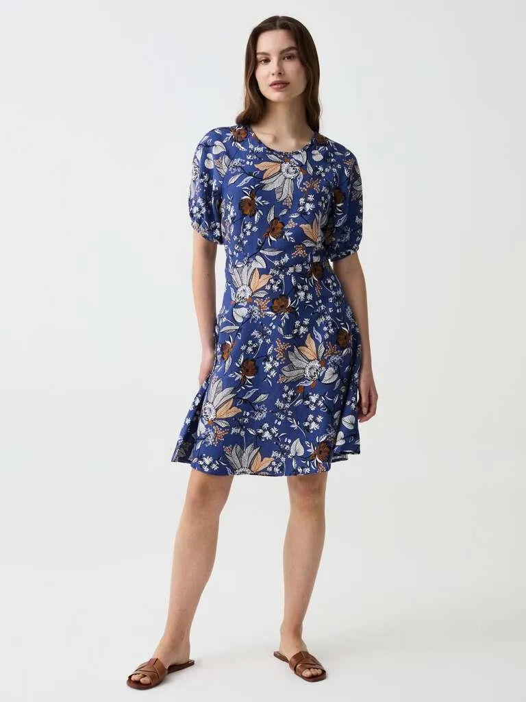 White/Blue Short dress in linen and viscose with floral print