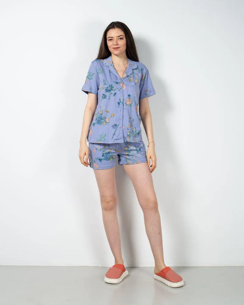 Pijamale scurte cu nasturi si imprimeu floral 23ITTH7001