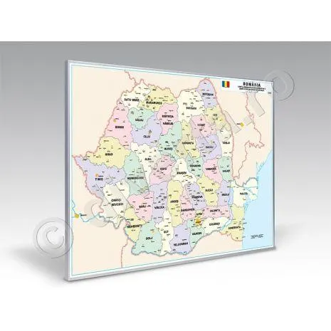 ROMANIA, HARTA MAGNETICA INRAMATA 140x200 cm, ADMINISTRATIVA SIMPLIFICATA, rama aluminiu cu suport magnetic si agatatori