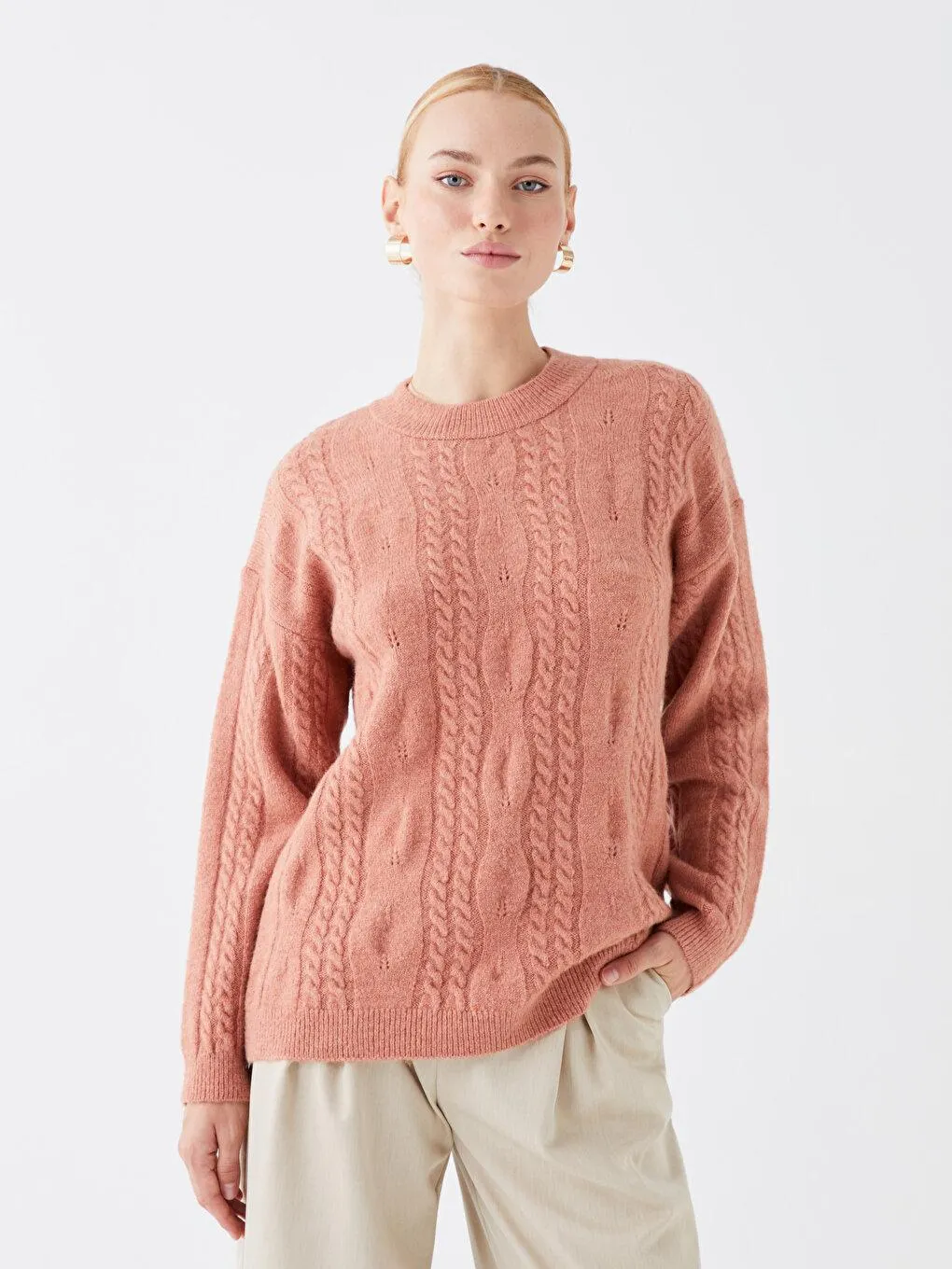 Pulover Tricotat Auto-Modelat, Cu Decolteu Rotund Şi Cu Mânecă Lungă,Pentru Femei