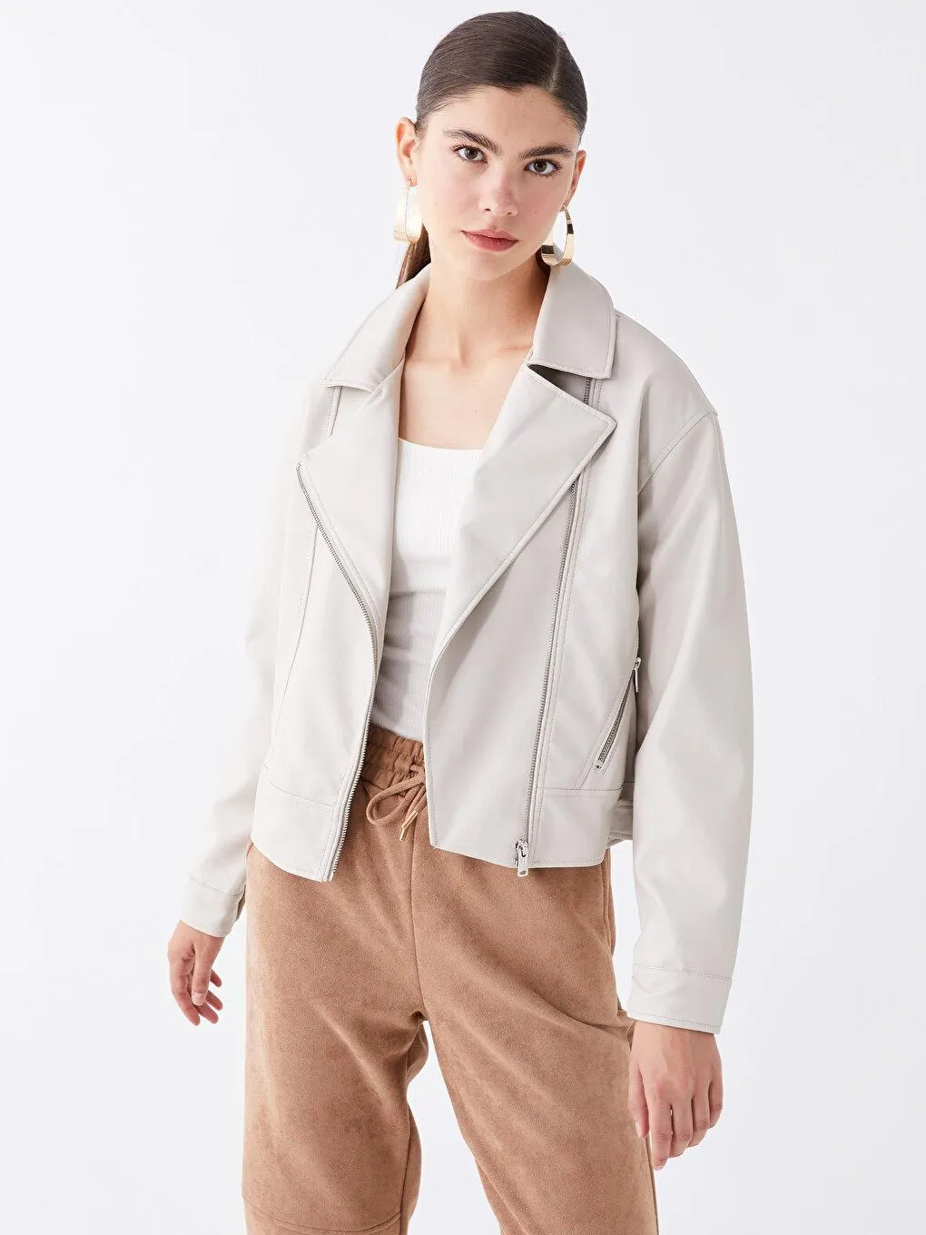 Palton Pentru Femei ,Cu Aspect De Piele,Cu Mânecă Lungă Şi Cu Guler Biker