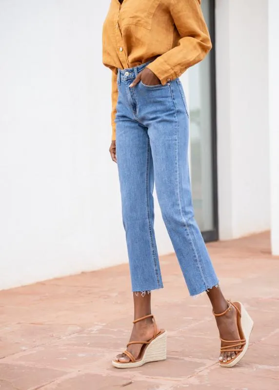 Blugi de dama taiati drept cu talie inalta bleu jeans prespalat inchis