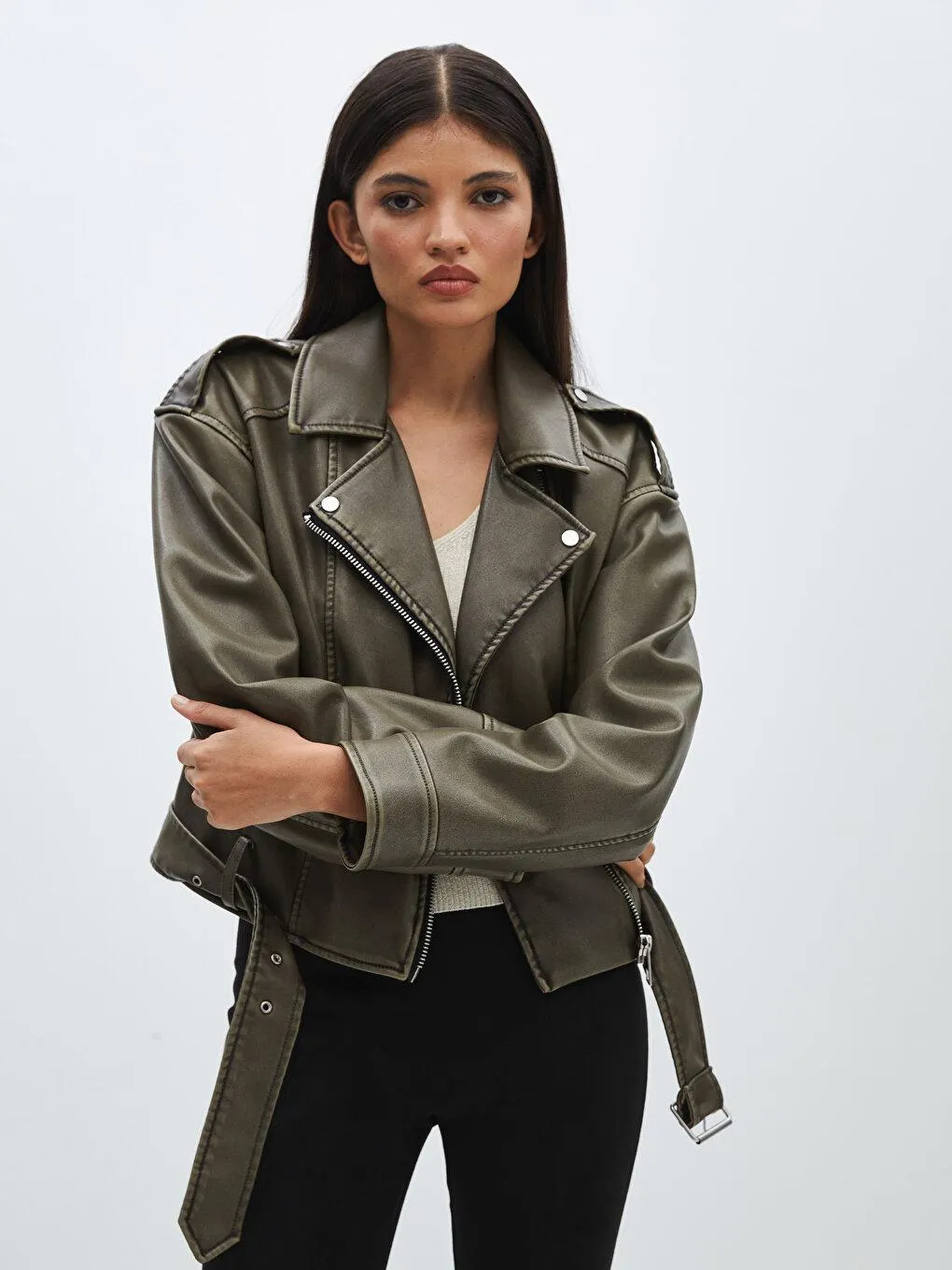 Palton Pentru Femei ,Cu Aspect De Piele,Cu Mânecă Lungă Şi Cu Guler Biker