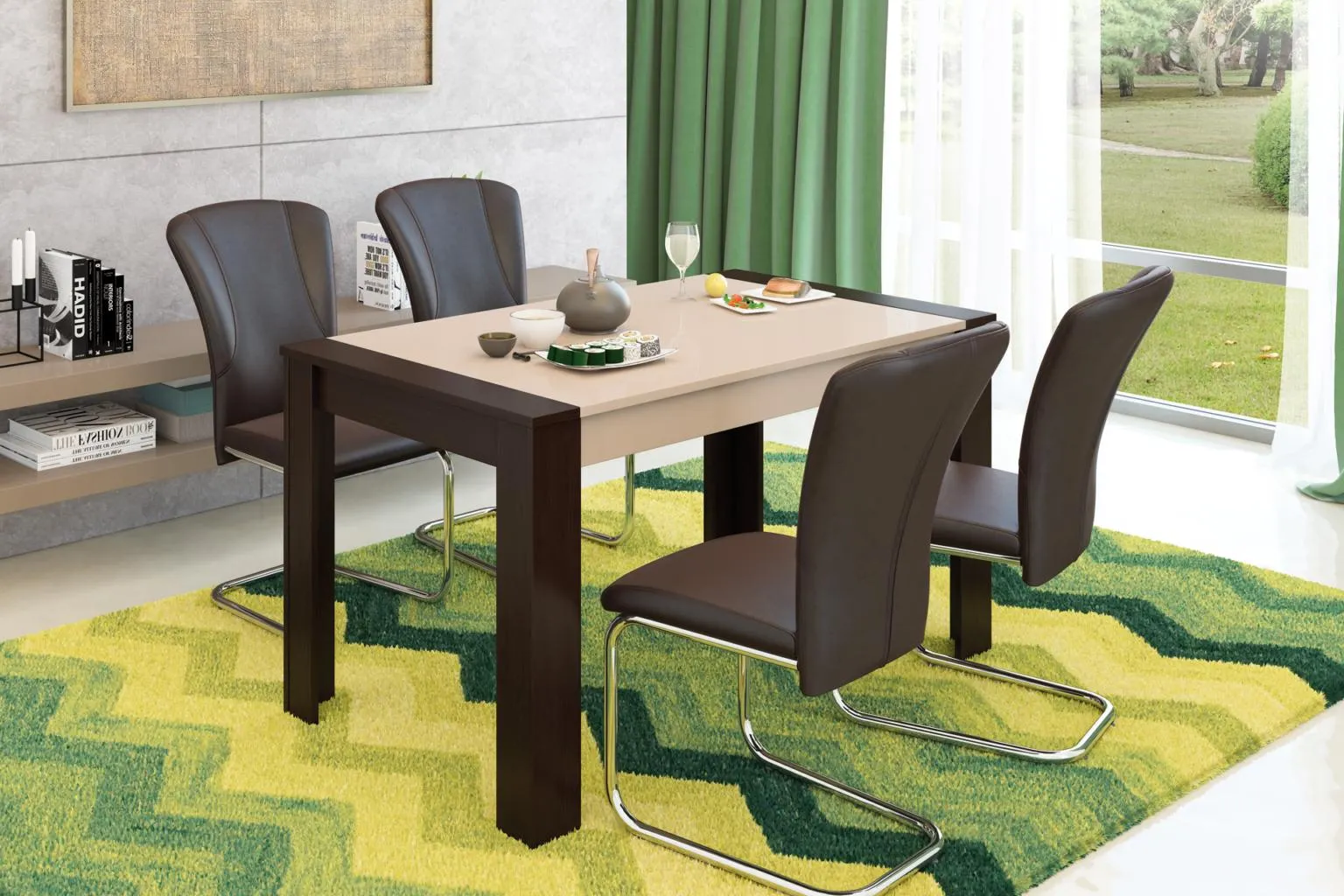 Masă Zeppelin L140 cm blat super lucios și 4 scaune Rio