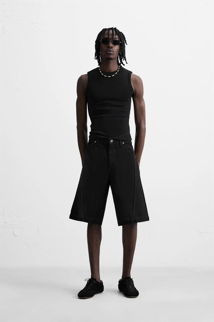 BERMUDE DENIM LARG CUSĂTURI DECORATIVE