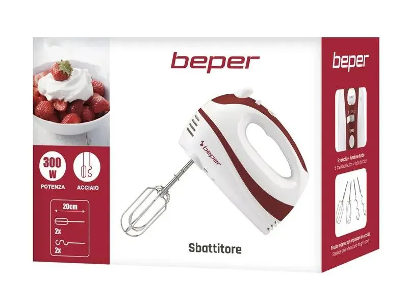 Mixer de mana Beper P102SBA100, 5 niveluri de putere, functie turbo, 300 W, Alb / Rosu