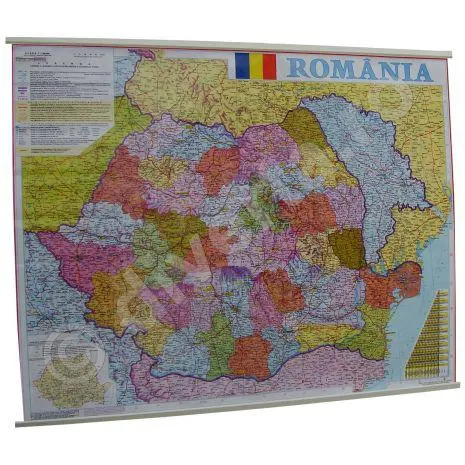 Harta administrativa a ROMANIEI, harta de perete, 70x90cm, scara 1:1.000.000, laminata, baghete