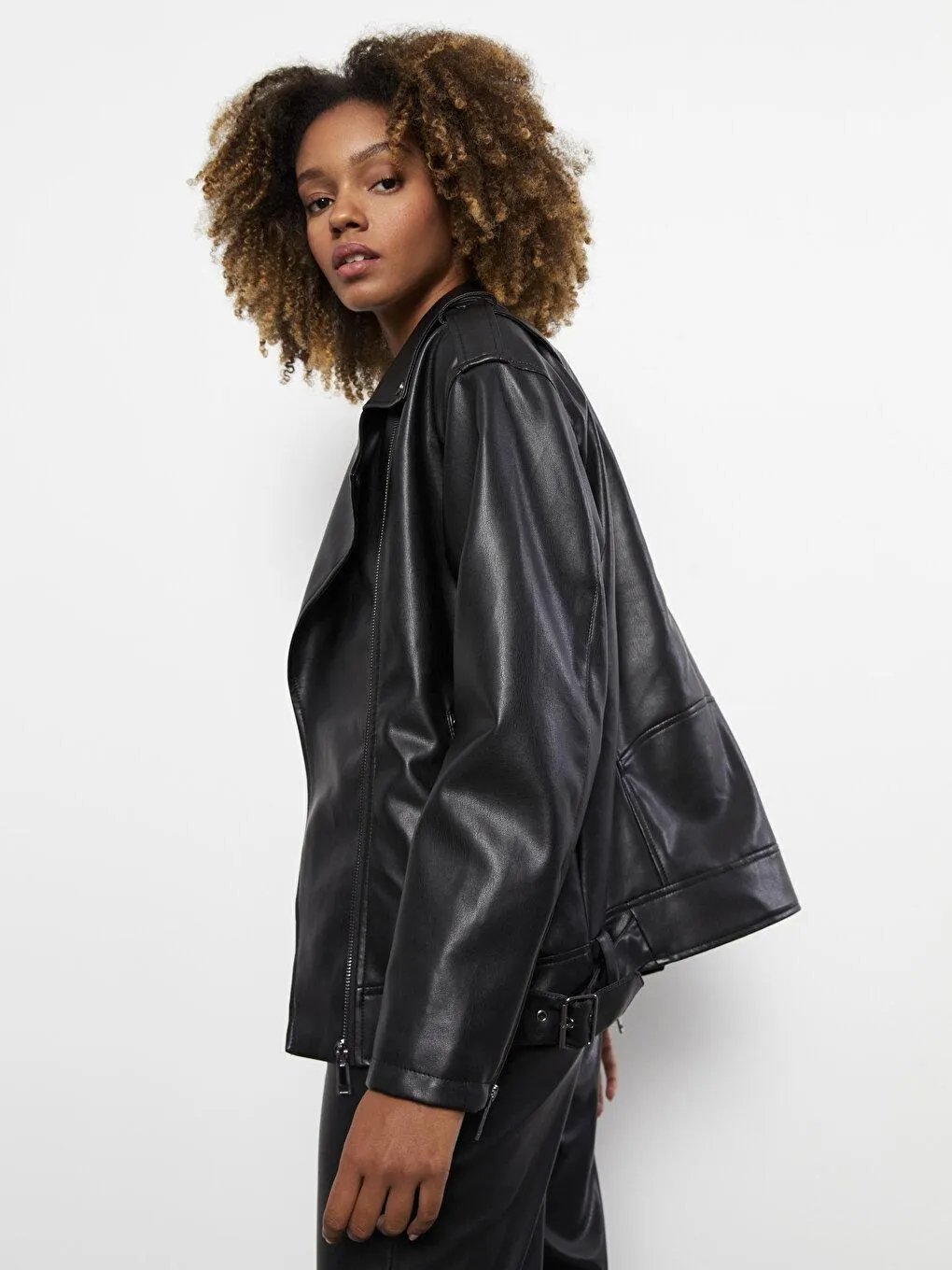 Palton Pentru Femei ,Cu Aspect De Piele,Cu Mânecă Lungă Şi Cu Guler Biker