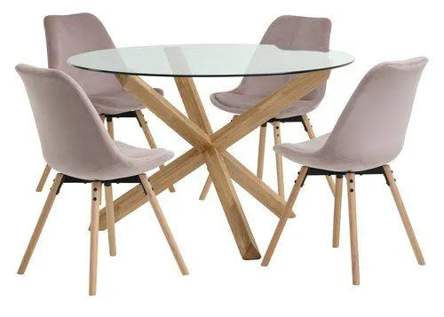 AGERBY Ø119 stejar / sticlă+ 4 KASTRUP catifea roz / stejar