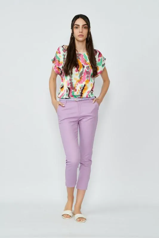 Pantaloni de dama din bumbac lila cu curea