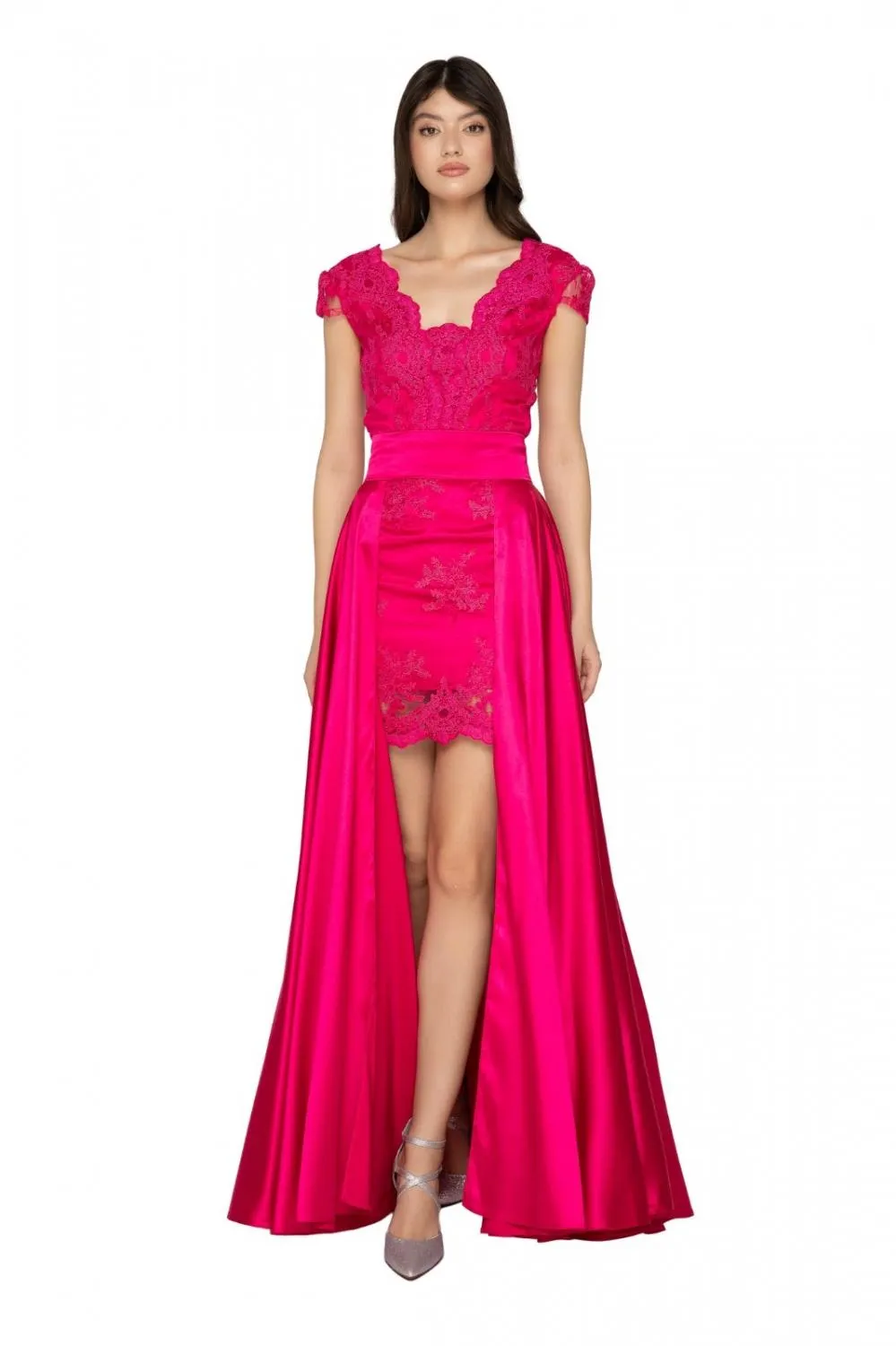 Rochie scurta fucsia din dantela cu trena detasabila