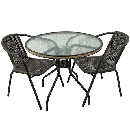 Set mobilier balcon masa rotunda 80x72cm blat sticla cu 2 scaune CAMPMAN ratan sintetic, maro
