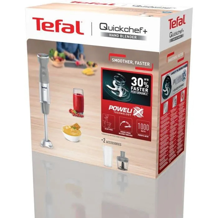 Mixer vertical Tefal Quickchef+ HB672B30, 1000 W, 20 viteze, Turbo, Capacitate tocator 0.5l, Capacitate pahar masurat 0.8l, Gri/Argintiu