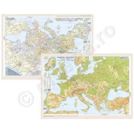EUROPA DUO 50x70 cm, harta de perete fizica-geografica (fata)+politica (verso), 50x70cm, scara 1:7.000.000, laminata, baghete