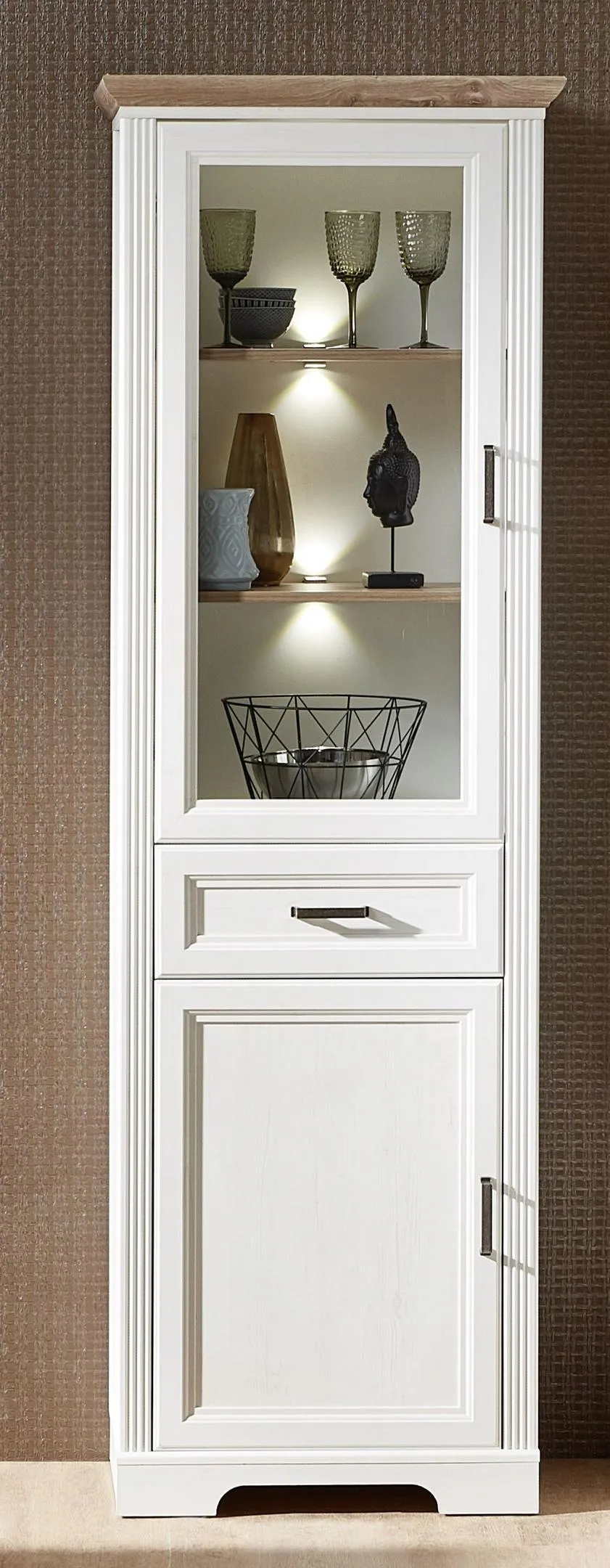 Vitrină, alb, culoare lemn stejar