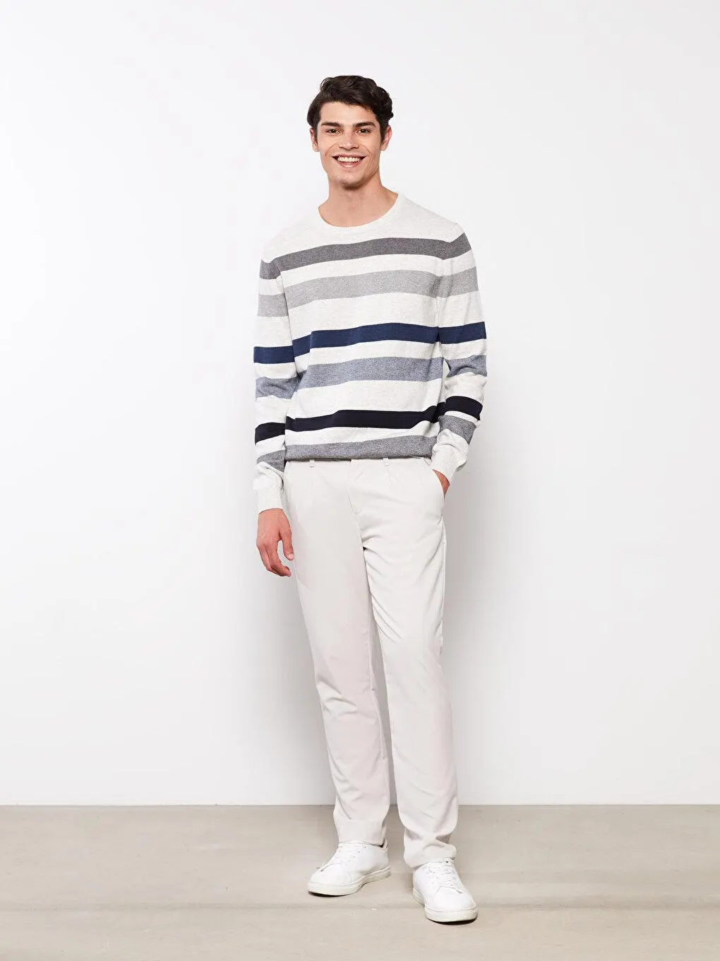 Pulover Tricotat,Cu Mânecă Lungă, Cu Decolteu Rotund In Dungi,Pentru Bărbați