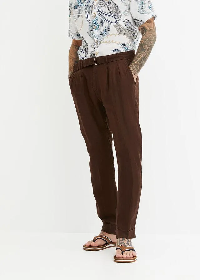 Pantaloni din in cu cordon și pense