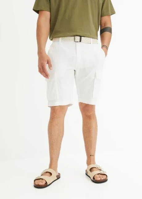 Cargobermudas med linneandel och skärp, Regular Fit