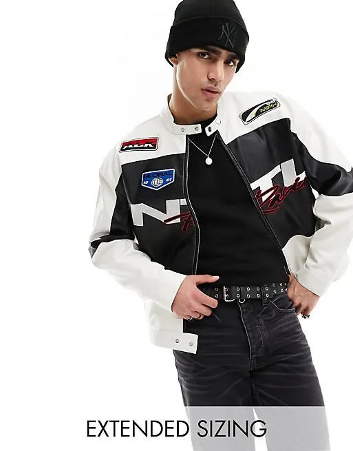 ASOS DESIGN – Svart och vit oversize motocross-jacka i läderimitation