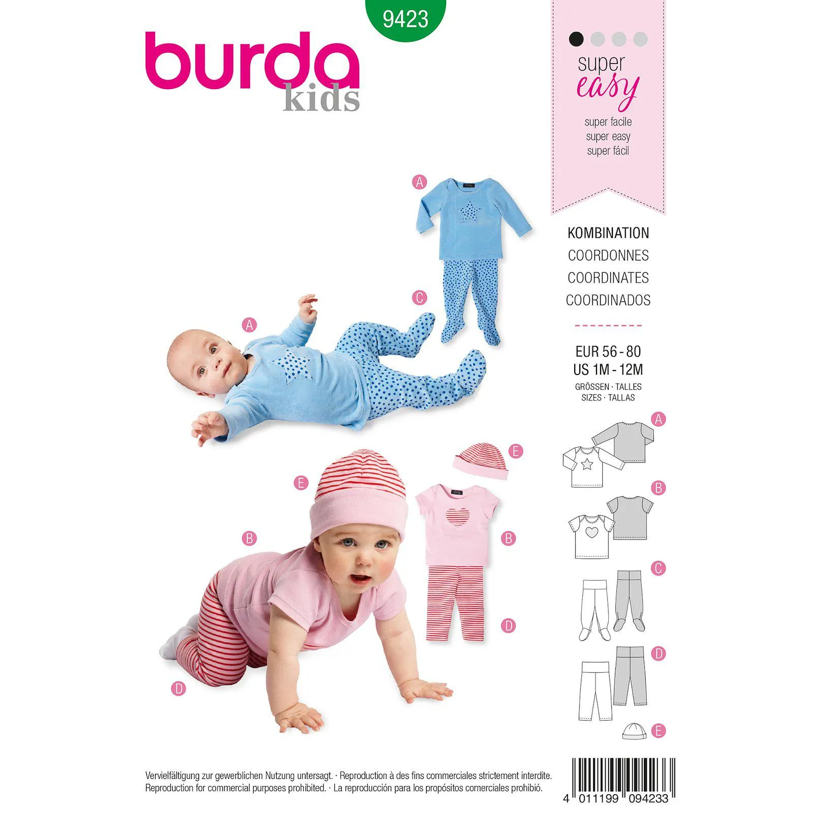Burda mönster 9423, Babyset med mössa baby, stl. 56-80
