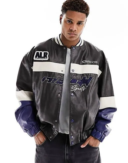 ASOS DESIGN – Svart bomberjacka i motocross-stil och oversize av tvättad läderimitation