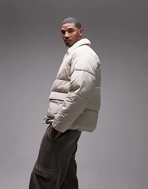 Topman – Beige pufferjacka med teddykrage