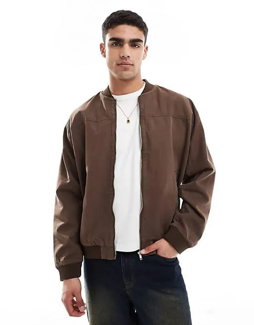 ASOS DESIGN – Brun, tvättad bomberjacka i oversize