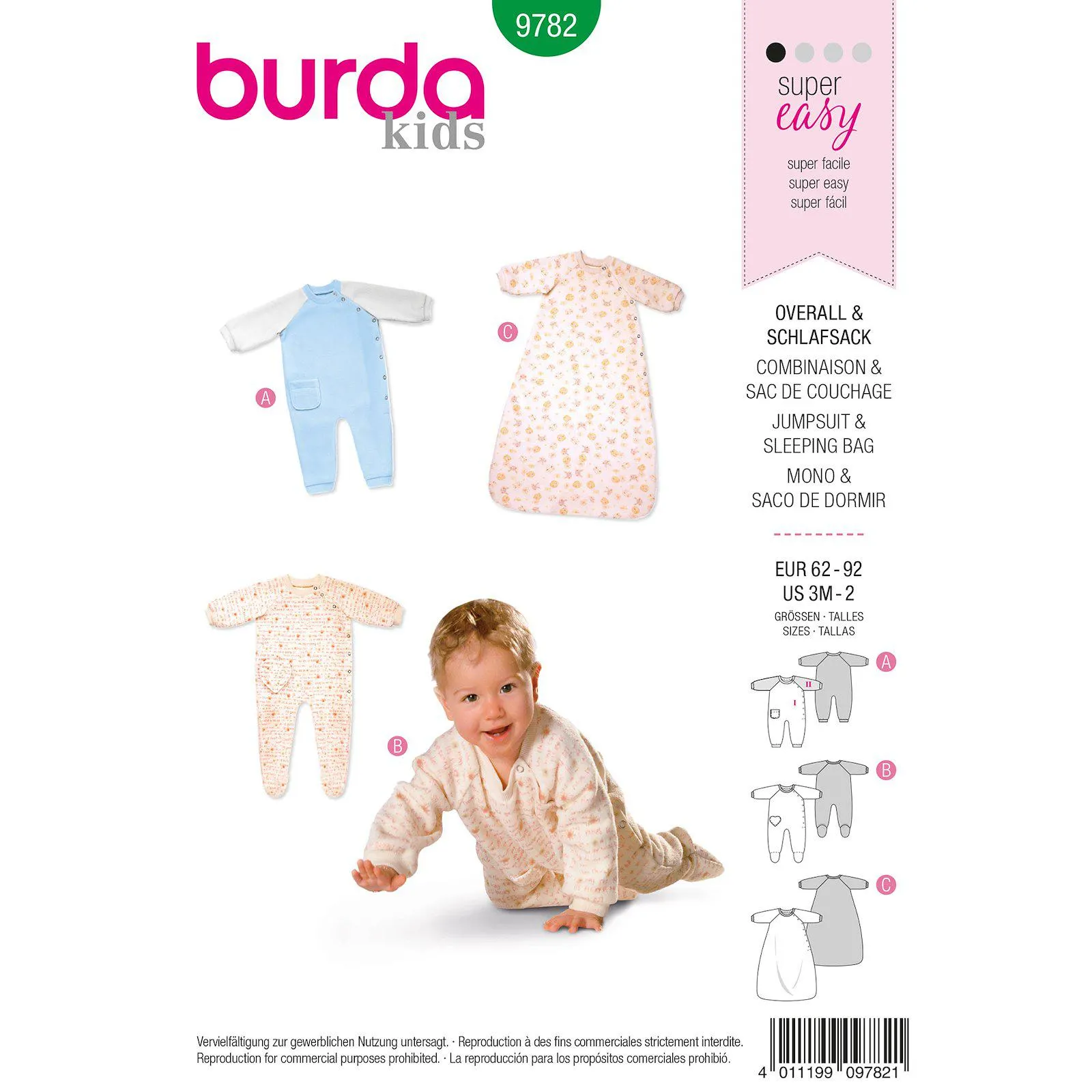 Burda mönster 9782, Overall/sovpåse baby, stl. 62-80