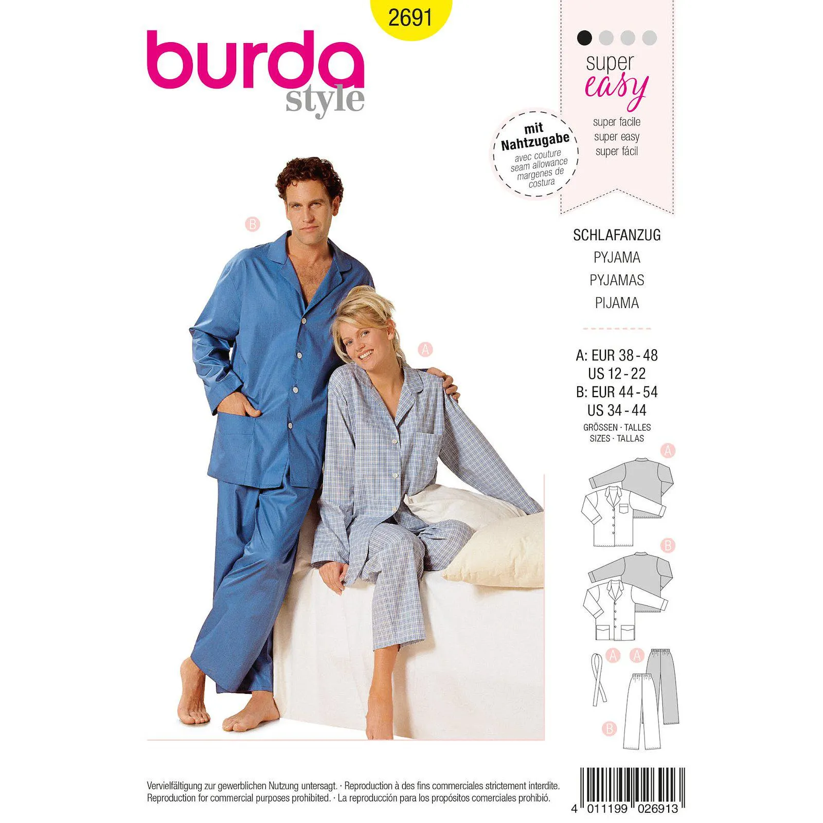 Burda mönster 2691, Pyjamas unisex, stl. 38-54