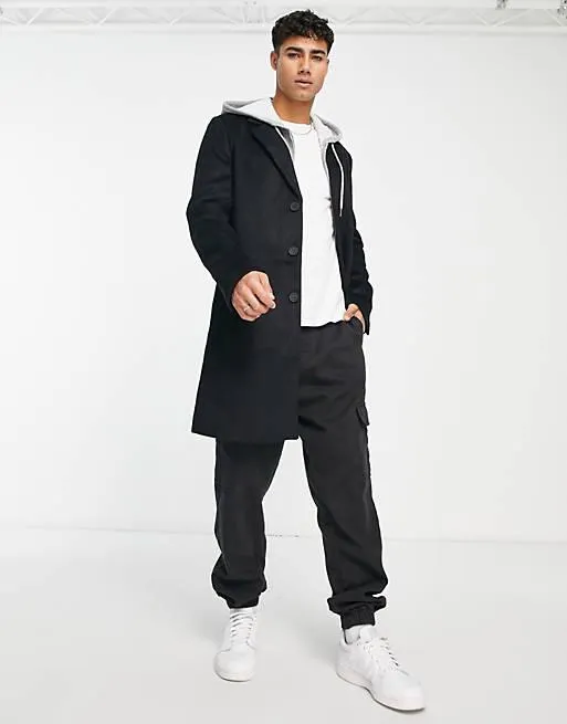 River Island – Svart ytterrock med kragdetalj i ylletyg