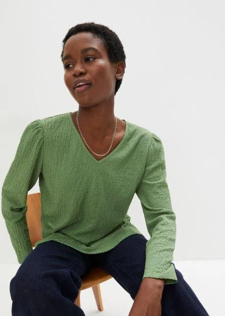 Långärmad T-shirt i jersey med strukturerad yta och tunna puffärmar