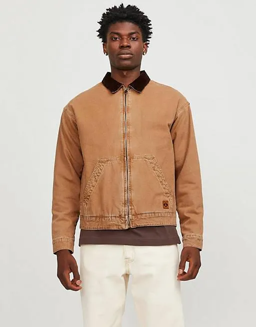 Jack & Jones – Ljusbrun arbetsjacka i denim med manchesterkrage