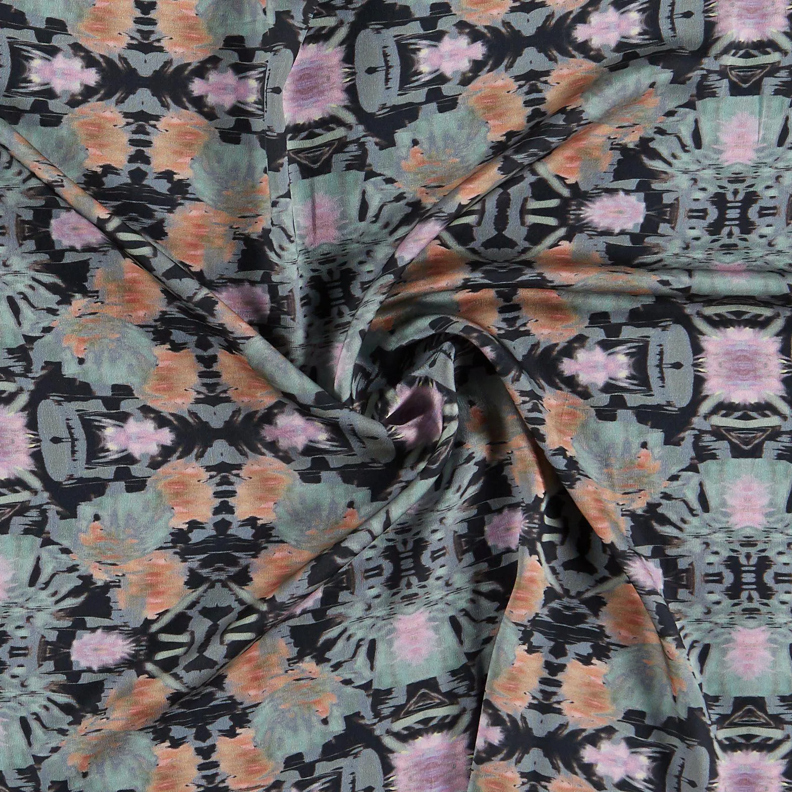 Vævet satin viscose sort m grafisk print