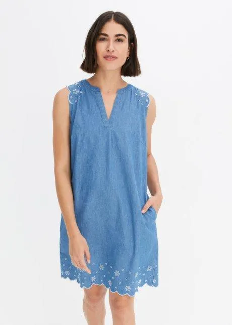 Jeansklänning med hålbroderi