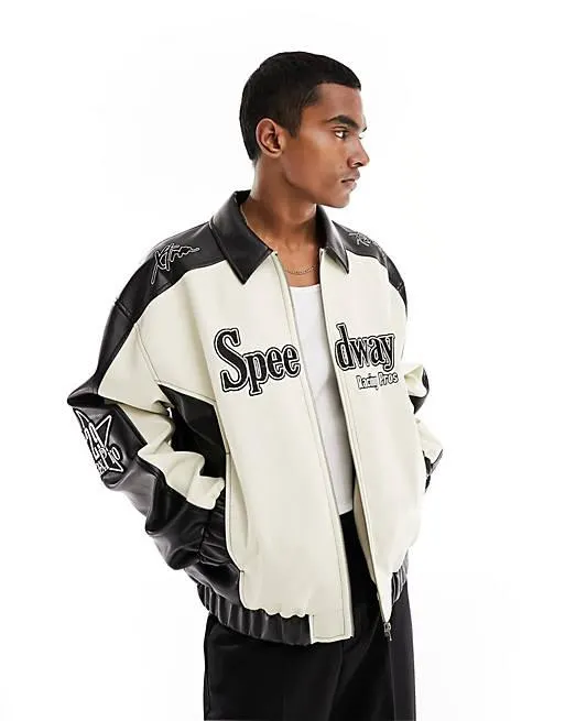 ASOS DESIGN – Svartvit oversize jacka i läderimitation och motocross-stil