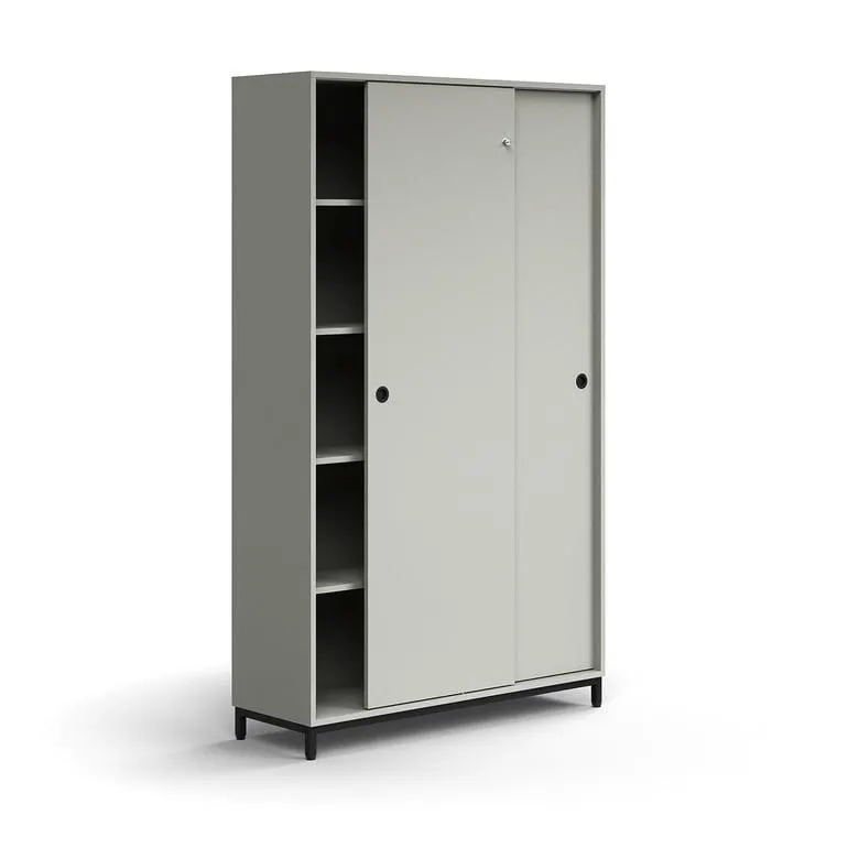 Låsbara skjutdörrar, 4 hyllplan, benstativ, handtag, 2020x1200x400 mm, svart, ljusgrå