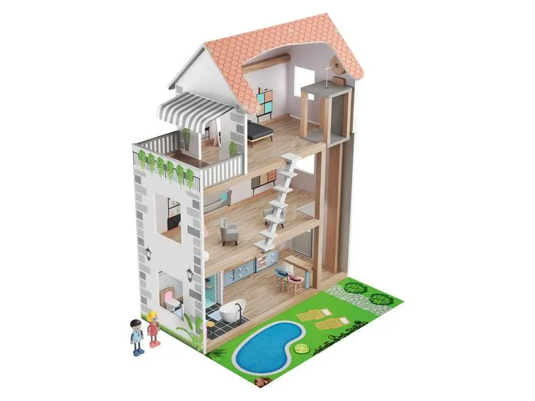 Playtive Drewniany domek dla lalek z wyposażeniem