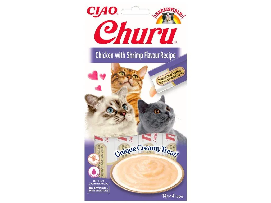 Churu cat mäsové pyré - kura, krevety 56g