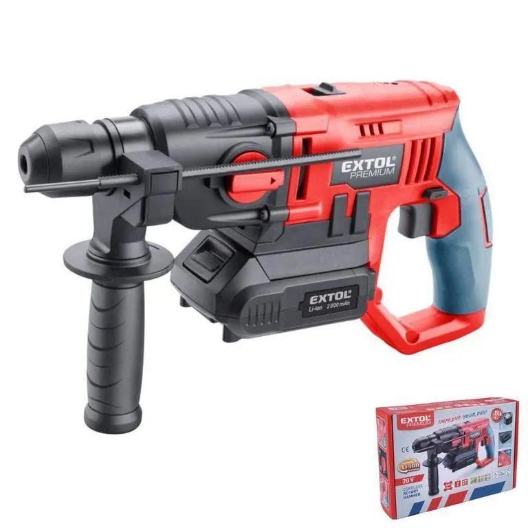 EXTOL PREMIUM Akumulátorové vŕtacie kladivo Share 20 V, 1 x 2 Ah Li-ion, 2,4 A nabíjačka, SDS+, 1,2 J