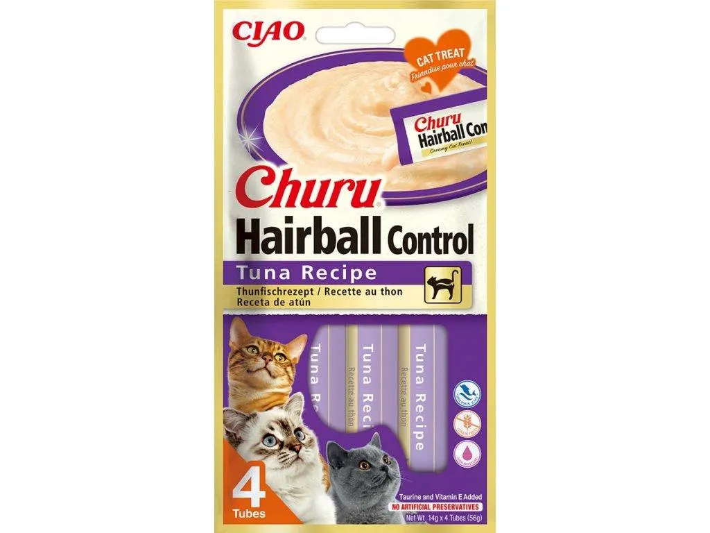 Churu Cat Hairball mäsové pyré - tuniak 4x14g