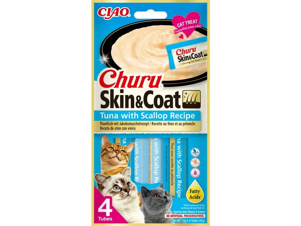 Churu cat masové pyré pre krásnu srsť a kožu - tuniak, hrebenatky 56g