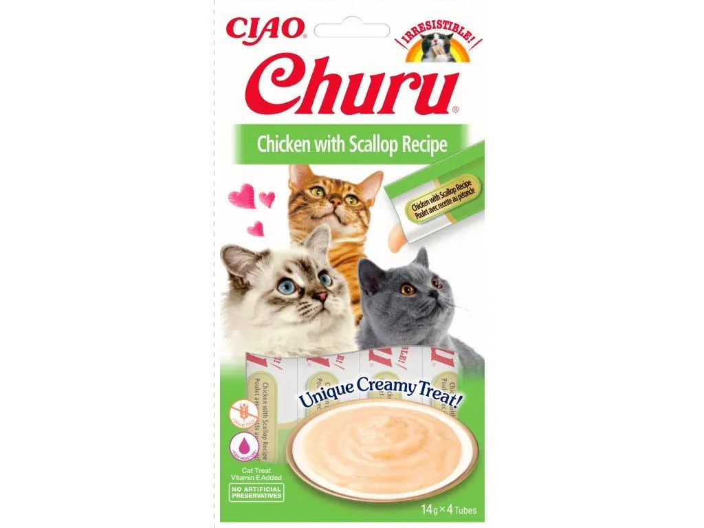 Churu cat mäsové pyré - kura, hrebenatky 56g