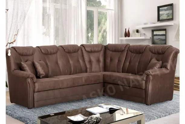 Rohová sedacia súprava Linz, hnedá látka v optike kože, s rozkladem